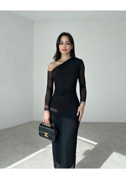 Kadın Uzun Kollu Omuz Dekolteli Içi Astarli Midi Boy Tül Elbise fiyatları