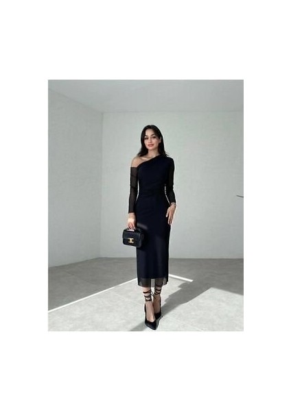 Kadın Uzun Kollu Omuz Dekolteli Içi Astarli Midi Boy Tül Elbise modelleri