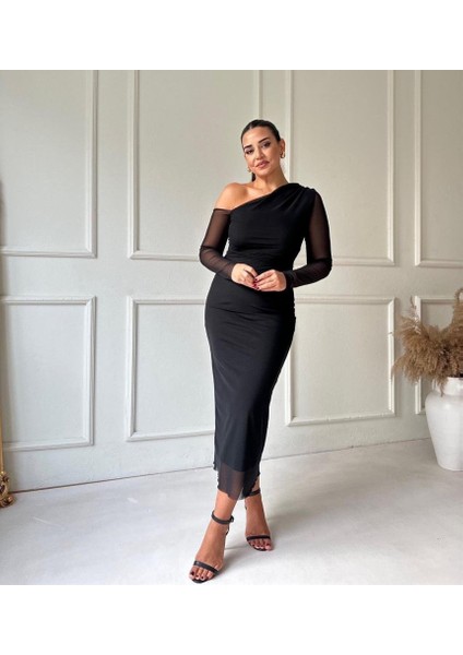 Kadın Uzun Kollu Omuz Dekolteli Içi Astarli Midi Boy Tül Elbise indirimleri