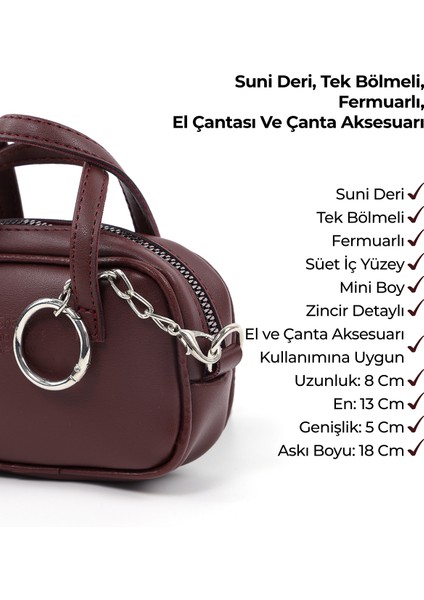 Bordo SHK210 Suni Deri Tek Bölmeli Fermuarlı El Çantası ve Charm Çanta Aksesuarı