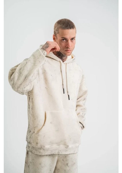 Unisex Double Oversize Kapşonlu Yıkamalı Sweatshirt - Krem
