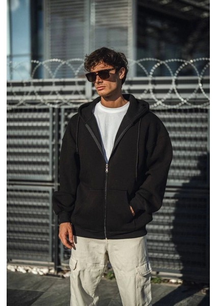 Oversize Tam Fermuarlı Uzun Kol Hırka - Siyah fiyatları