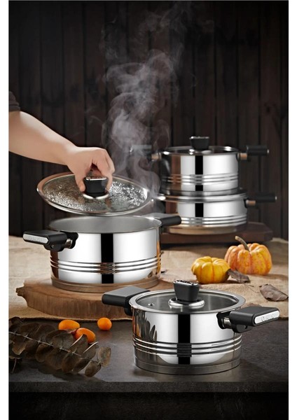 1129 - 8 Parça, 1. Sınıf Paslanmaz Çelik, Indüksiyon Uyumlu Tencere Seti, Gümüş Gövde, Siyah Detay