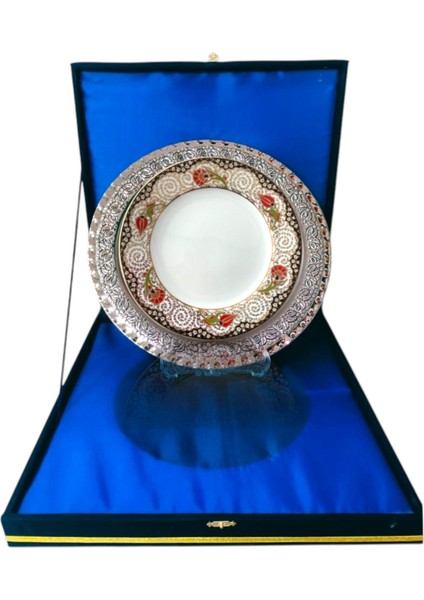 Gümüş Tepsili Plaket Tabak Kadife Kutulu