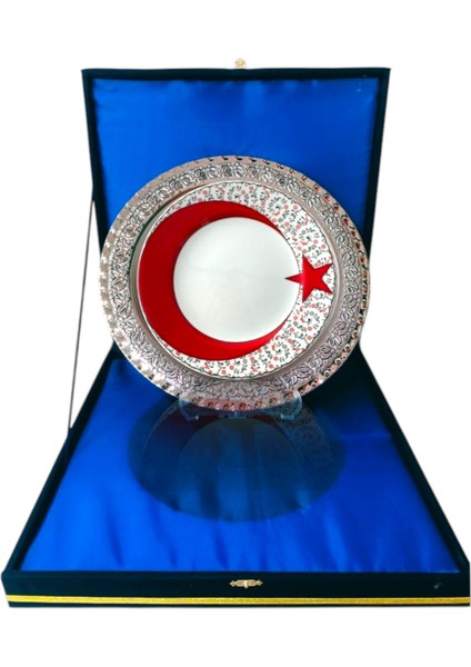 Gümüş Tepsili Plaket Tabak Kadife Kutulu