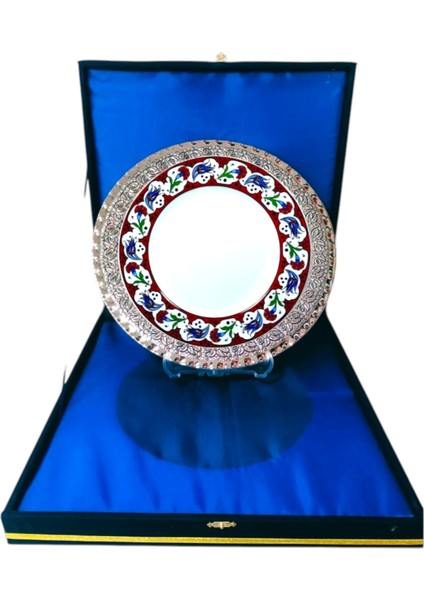 Gümüş Tepsili Plaket Tabak Kadife Kutulu