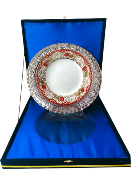 Gümüş Tepsili Plaket Tabak Kadife Kutulu