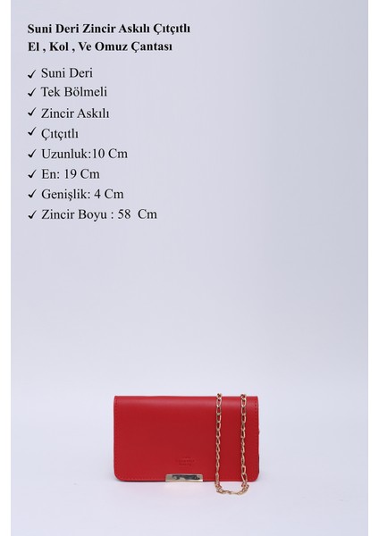 Kırmızı SHK186 Suni Deri Tek Bölmeli Çıtçıtlı Zincir Askılı El , Kol ve Omuz Çantası modelleri