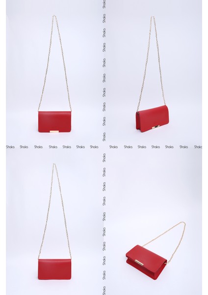 Kırmızı SHK186 Suni Deri Tek Bölmeli Çıtçıtlı Zincir Askılı El , Kol ve Omuz Çantası