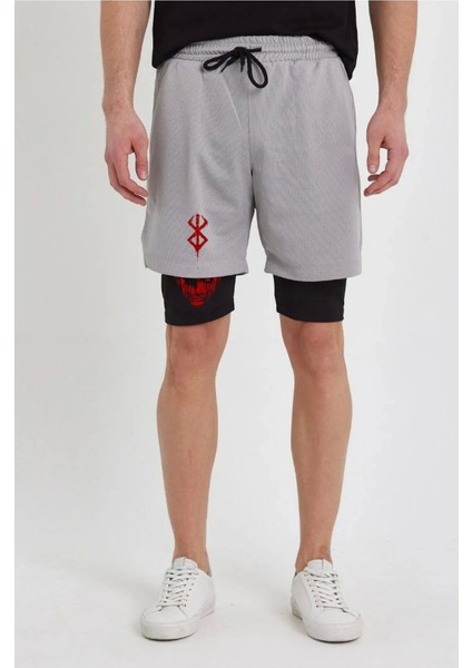 Unisex Baskılı Iç Cepli Sporcu Alt Taytlı Şort - Gri