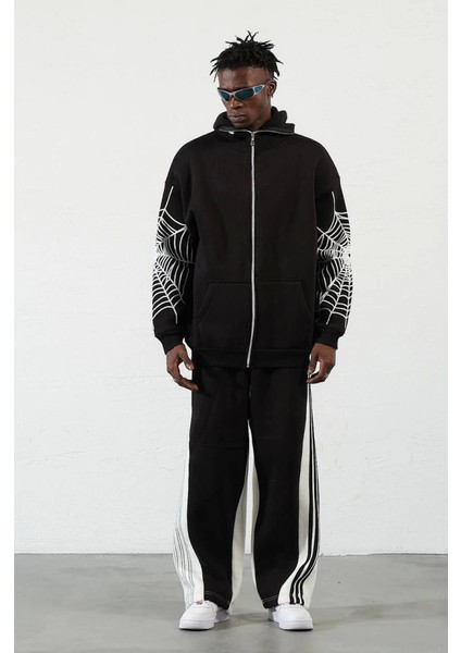 Üç Iplik Baskılı Fermuarlı Kapşonlu Hırka - Siyah fiyatları