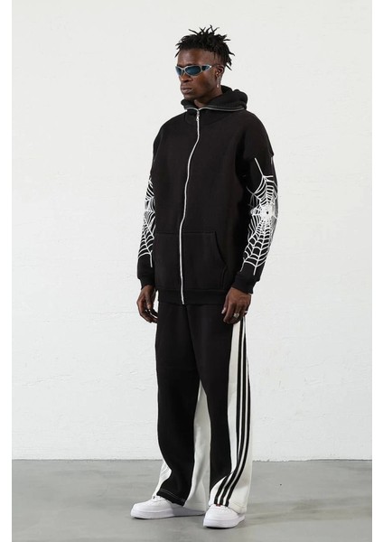 Üç Iplik Baskılı Fermuarlı Kapşonlu Hırka - Siyah fırsatları