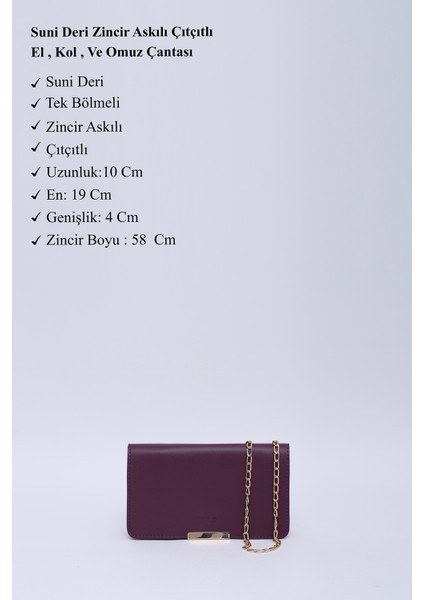Mor SHK186 Suni Deri Tek Bölmeli Çıtçıtlı Zincir Askılı El , Kol ve Omuz Çantası modelleri