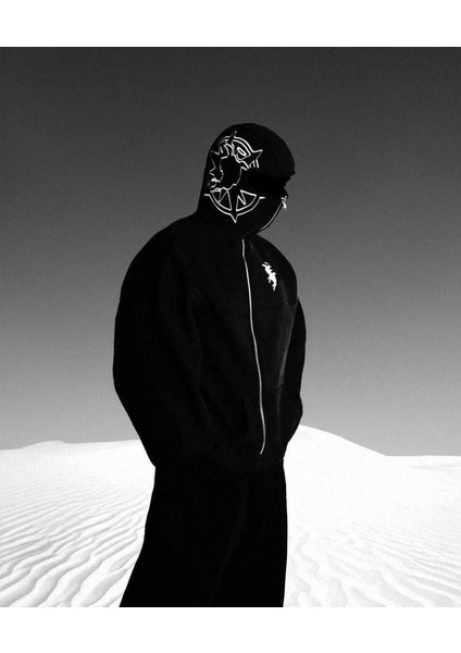 Samuray Zıp Fermuarlı Kapşonlu Hırka - Siyah