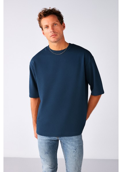 Erkek Lacivert Oversize Bisiklet Yaka %100 Organik Pamuk Düz Basic Yazlık T-Shirt