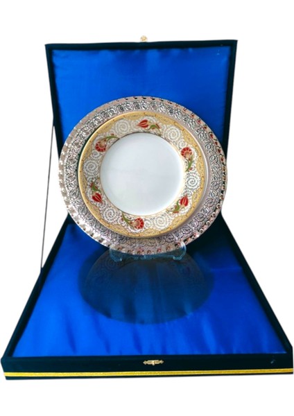 Gümüş Tepsili Plaket Tabak Kadife Kutulu