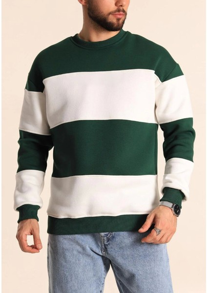 Parçalı Bisiklet Yaka Baskılı Sweatshirt - Yeşil