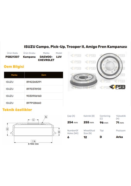 Fren Kampanası Arka 254MM Isuzu Tfr 2.5td 2002- Oem Kodu - 9030906160-PSB21307