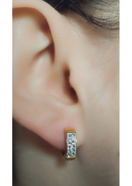 Altın Rengi Gümüş Taş Detaylı Çelik Küpe