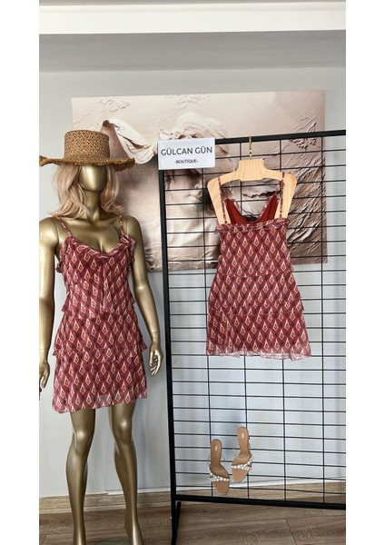 Askılı Tül Detaylı Kat Kat Elbise