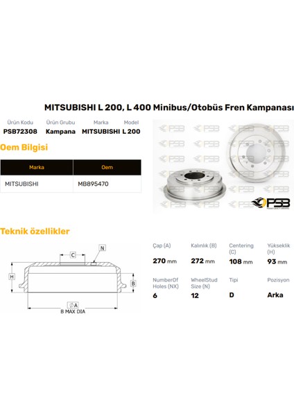 Fren Kampanası Arka 270MM Mıtsubıshı L200 Magnum 4WD 1999-2005 Oem Kodu - MB895470-PSB72308