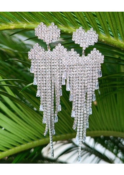 Gümüş Renk Zirkon Taşlı Lüks Abiye Küpe