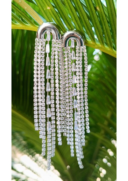 Gümüş Renk Zirkon Taşlı Lüks Abiye Küpe