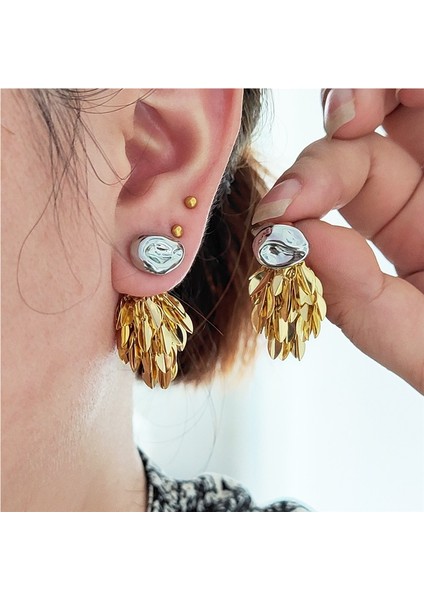 18K Gerçek Altın Kişilik Mizaç Yaprak Püskül Kontrast Renk Buğday Kulak Iki Renkli Iki Kullanımlı Küpe ile Pirinç Kaplama (Yurt Dışından) modelleri