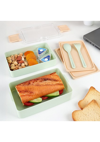 2 Katlı Kilitli Beslenme Kabı - Kendinden Çatal Kaşıklı Lunch Box Beslenme Kutusu Saklama Kabı Yeşil