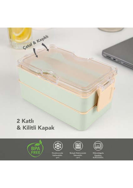 2 Katlı Kilitli Beslenme Kabı - Kendinden Çatal Kaşıklı Lunch Box Beslenme Kutusu Saklama Kabı Yeşil fiyatları