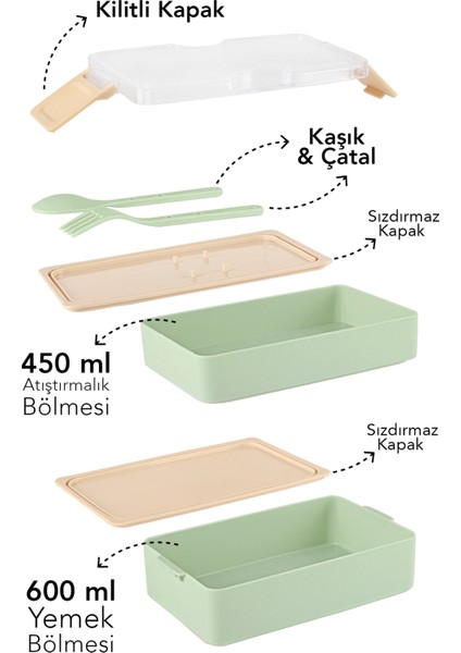2 Katlı Kilitli Beslenme Kabı - Kendinden Çatal Kaşıklı Lunch Box Beslenme Kutusu Saklama Kabı Yeşil modelleri