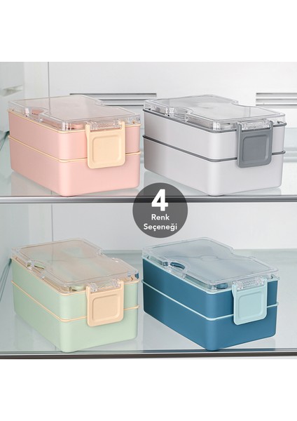 2 Katlı Kilitli Beslenme Kabı - Kendinden Çatal Kaşıklı Lunch Box Beslenme Kutusu Saklama Kabı Yeşil fırsatları