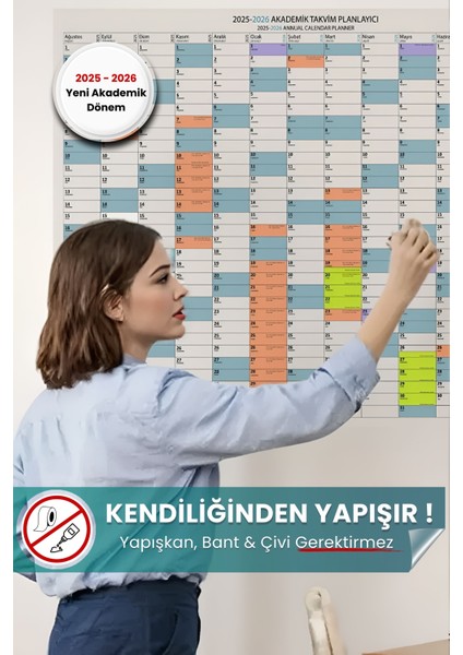 2025-2026 Akademik Takvim Planlayıcı, Ders Çalışma Planlayıcı, Duvara Yapışan Statik Akıllı Kağıt