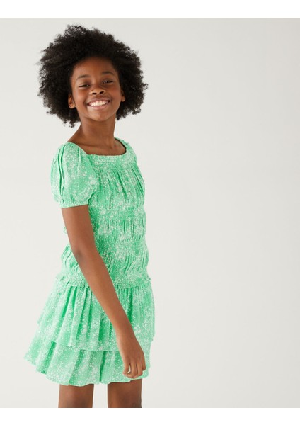 Çiçek Desenli Kısa Kollu Bluz (6-16 Yaş)