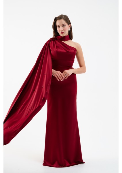 Kadın Bordo Şal Yaka Inci Söz Nişan Nikah Abiye Elbise