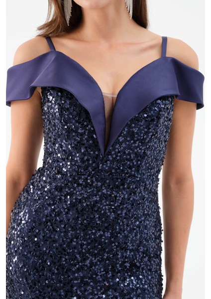 Kadın Lacivert Kayık Yaka Yırtmaçlı Söz Nişan Nikah Abiye Elbise fiyatları