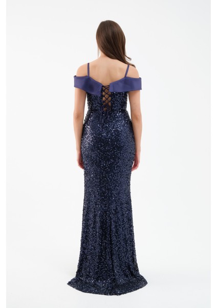 Kadın Lacivert Kayık Yaka Yırtmaçlı Söz Nişan Nikah Abiye Elbise indirimleri