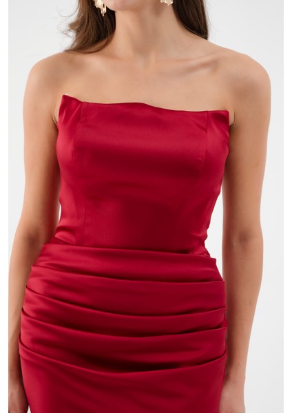 Kadın Bordo Straplez Uzun Saten Söz Nişan Abiye Elbise fiyatları