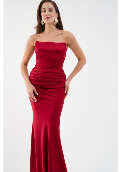 Kadın Bordo Straplez Uzun Saten Söz Nişan Abiye Elbise fırsatları