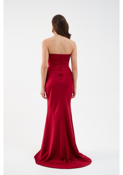 Kadın Bordo Straplez Uzun Saten Söz Nişan Abiye Elbise indirimleri