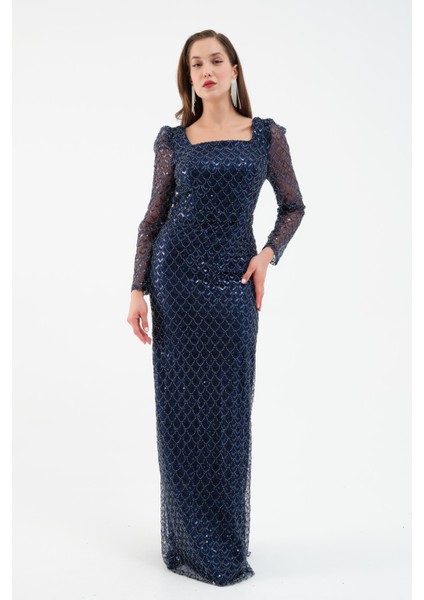 Kadın Lacivert Kare Yaka Uzun Kollu Boncuklu Uzun Abiye Elbise fiyatları