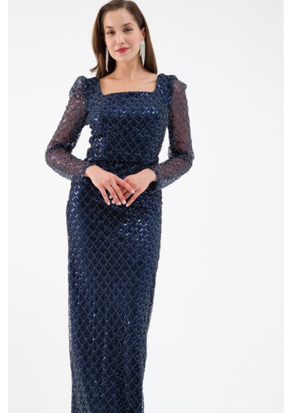 Kadın Lacivert Kare Yaka Uzun Kollu Boncuklu Uzun Abiye Elbise modelleri