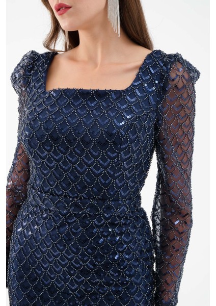 Kadın Lacivert Kare Yaka Uzun Kollu Boncuklu Uzun Abiye Elbise fırsatları