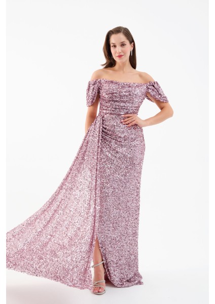 Kadın Pudra Pul Payet Işlemeli Uzun Abiye Elbise