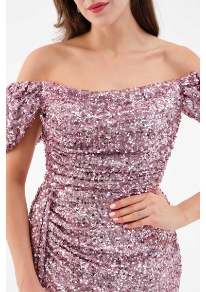 Kadın Pudra Pul Payet Işlemeli Uzun Abiye Elbise modelleri