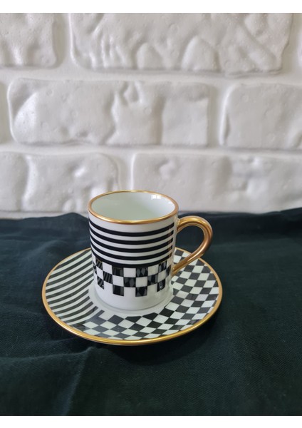 4 Parça 2 Kişilik Porselen Türk Kahvesi Fincan Takımı Çift Desen Damalı Serisi