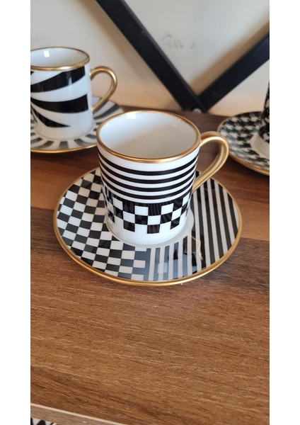 4 Parça 2 Kişilik Porselen Türk Kahvesi Fincan Takımı Çift Desen Damalı Serisi modelleri