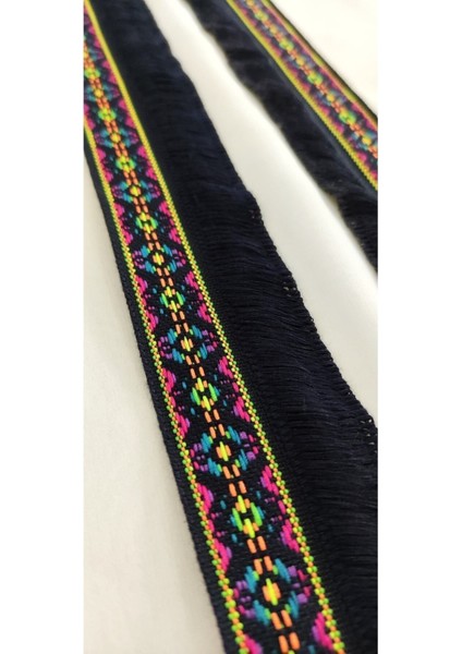 Renkli Etnik Desenli Lacivert Püskül Saçak