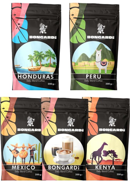 Kenya Peru Honduras Mexico Daily Blend Kahve Seti 5 x 200 gr(Çekirdek Veya Öğütülmüş Seçileblir)