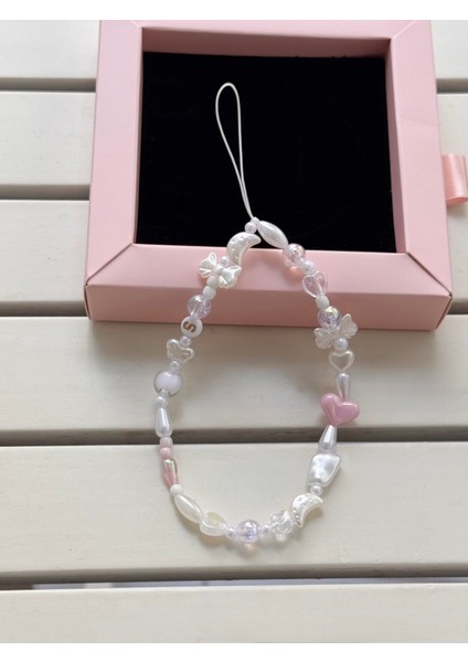 S Harfli Beyaz Pembe Tasarım Telefon Askısı, Fiyonk Telefon Süsü Charm